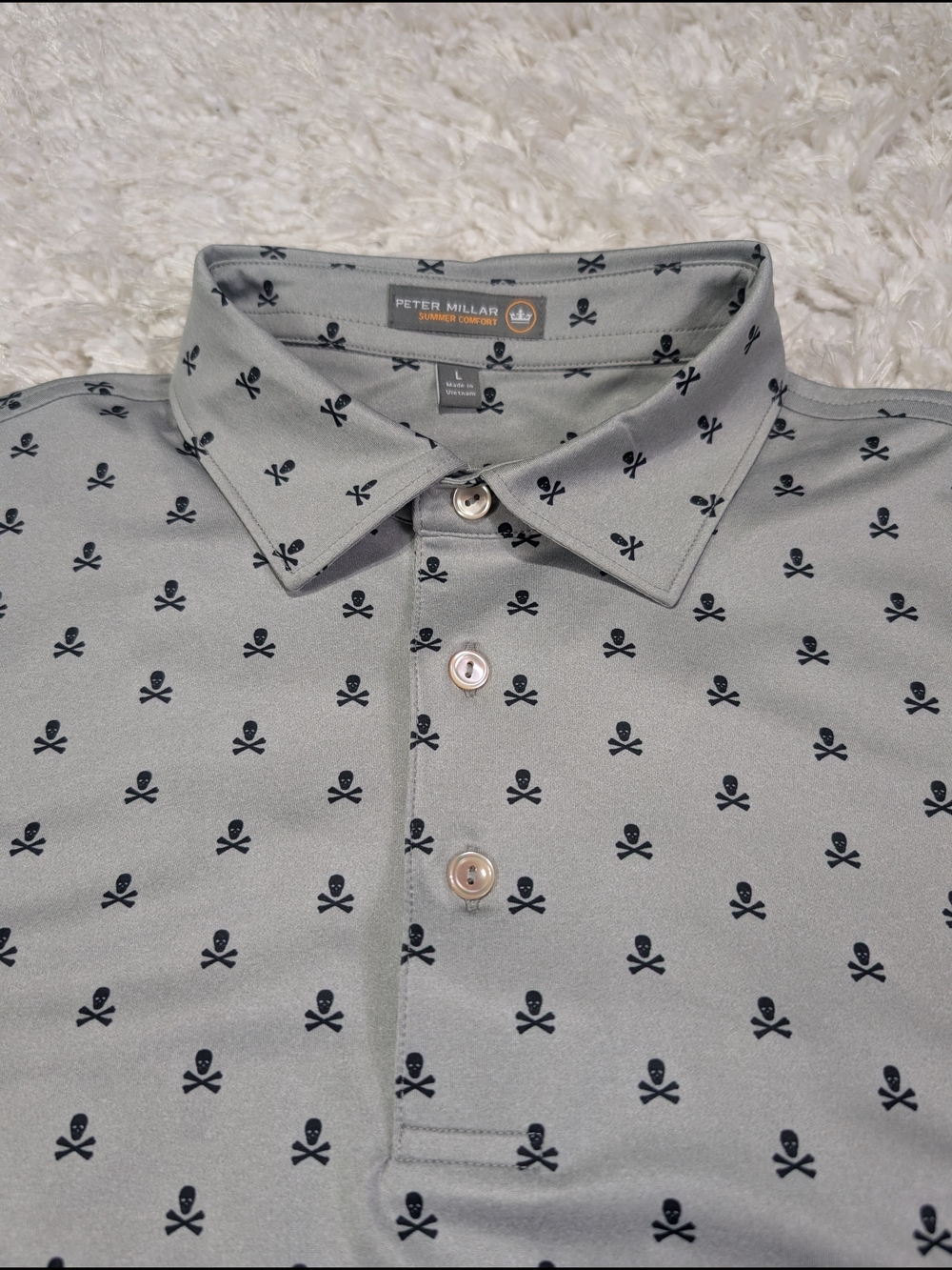 Peter Millar Light Gray Polo with Black Skull Print
